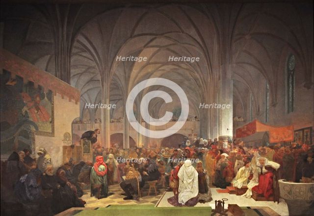 Master Jan Hus Preaching at the Bethlehem Chapel (The cycle The Slav Epic). Artist: Mucha, Alfons Marie (1860-1939)