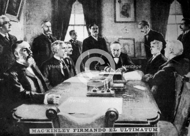 McKinley signs the ultimatum, 12th April 1898, (c1910). Artist: Unknown