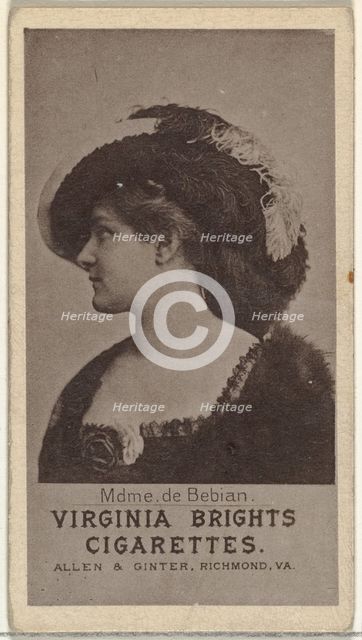 Mdme. de Bebian, from the Actresses series (N67) promoting Virginia Brights Cigarettes..., ca. 1888. Creator: Allen & Ginter.