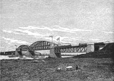 Metal bridge for railway over the Rhine river near Arnhem, engraving 1879