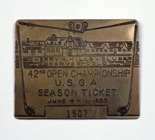 Metal season ticket to the US Open Golf Championship, 1938. Creator: Unknown