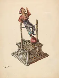 Metal Toy Bank: Boy on Bar, c. 1937. Creator: Lew Tower