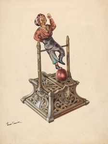 Metal Toy Bank: Boy on Bar, c. 1937. Creator: Lew Tower