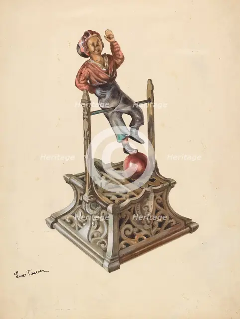 Metal Toy Bank: Boy on Bar, c. 1937. Creator: Lew Tower.