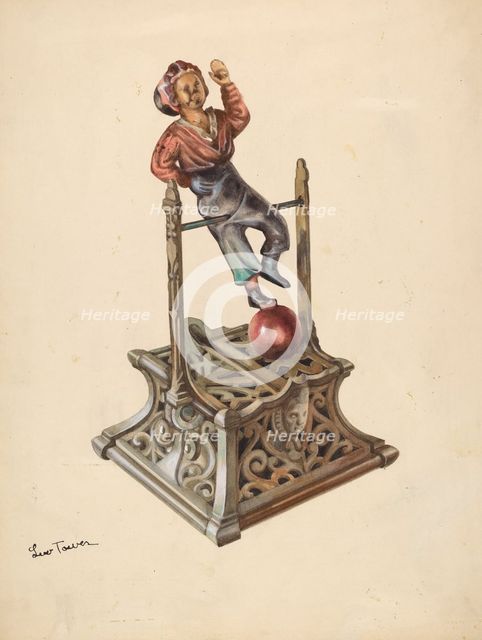 Metal Toy Bank: Boy on Bar, c. 1937. Creator: Lew Tower.