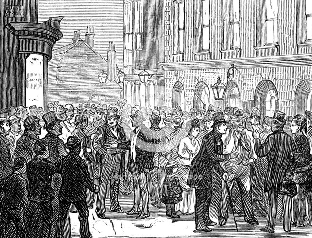Metropolitan Boroughs election sketches: waiting for the declaration of the poll, 1874. Creator: Unknown.