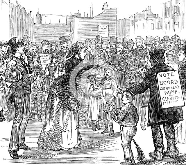 Metropolitan Boroughs election sketches: Woman's Rights, 1874. Creator: Unknown.