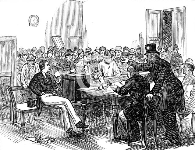 Metropolitan Boroughs election sketches: working men voting during the dinner hour, 1874. Creator: Unknown.