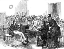 Metropolitan Boroughs election sketches: working men voting during the dinner hour, 1874. Creator: Unknown