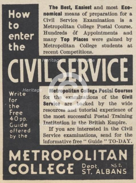 Metropolitan College Postal Courses, 1937. Artist: Unknown