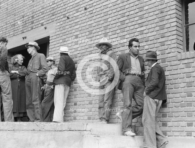 Mexicans, field laborers, on strike in cotton picking season, Bakersfield, California, 1938. Creator: Dorothea Lange.