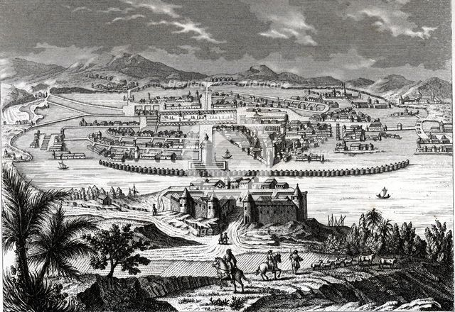 Mexico City at the time of the Spanish conquest in 1520, engraving, 1865.