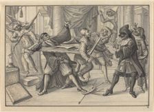 Mezzetin and Harlequin Use the Picture Frame to Catch Pantaloon and Pierrot, c. 1729. Creator: Johann Jakob Schübler