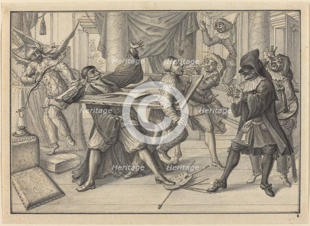 Mezzetin and Harlequin Use the Picture Frame to Catch Pantaloon and Pierrot, c. 1729. Creator: Johann Jakob Schübler.