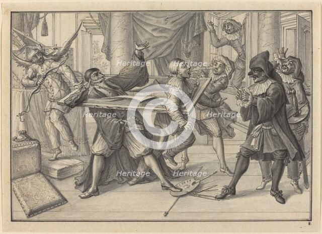 Mezzetin and Harlequin Use the Picture Frame to Catch Pantaloon and Pierrot, c. 1729. Creator: Johann Jakob Schübler.