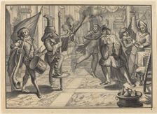 Mezzetin and Harlequin, Disguised as the Captain, Disrupt Pantaloon's Dinner, c. 1729. Creator: Johann Jakob Schübler