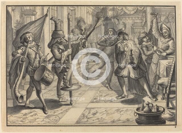 Mezzetin and Harlequin, Disguised as the Captain, Disrupt Pantaloon's Dinner, c. 1729. Creator: Johann Jakob Schübler.