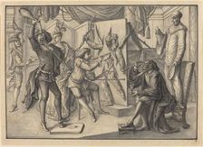 Mezzetin "Paints" a Portrait of Cupid by Cutting the Canvas to Reveal Harlequin, c. 1729. Creator: Johann Jakob Schübler