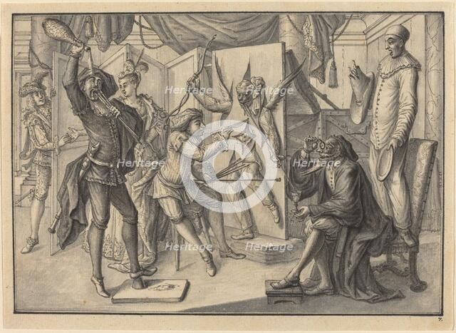 Mezzetin "Paints" a Portrait of Cupid by Cutting the Canvas to Reveal Harlequin, c. 1729. Creator: Johann Jakob Schübler.