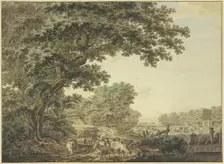 Meadow between the forest with many cattle, in the foreground a shepherd with his flock...18th cent. Creator: Jacob Cats