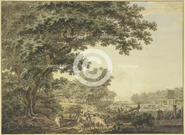 Meadow between the forest with many cattle, in the foreground a shepherd with his flock...18th cent. Creator: Jacob Cats.