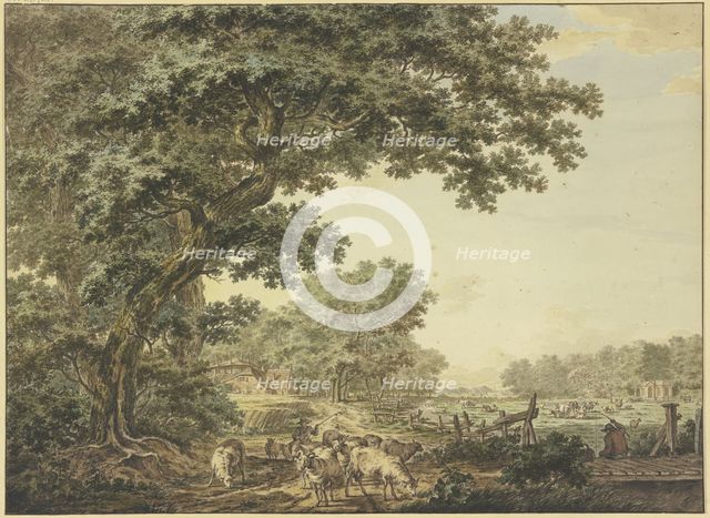Meadow between the forest with many cattle, in the foreground a shepherd with his flock...18th cent. Creator: Jacob Cats.