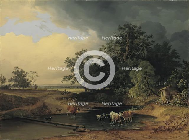 Meadow landscape in the evening atmosphere, 1847. Creator: Josef Feid.