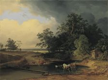 Meadow landscape in the evening atmosphere, 1847. Creator: Josef Feid