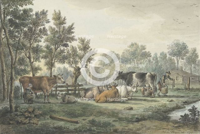 Meadow with cows being milked, 1773. Creator: Paulus Constantijn la Fargue.