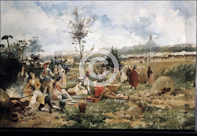 Meal in the Meadow of San Isidro in Madrid', oil by Eugenio Lucas Villaamil.
