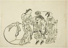 Measuring Daikoku's height, no. 5 from a series of 12 prints, c. 1708. Creator: Okumura Masanobu