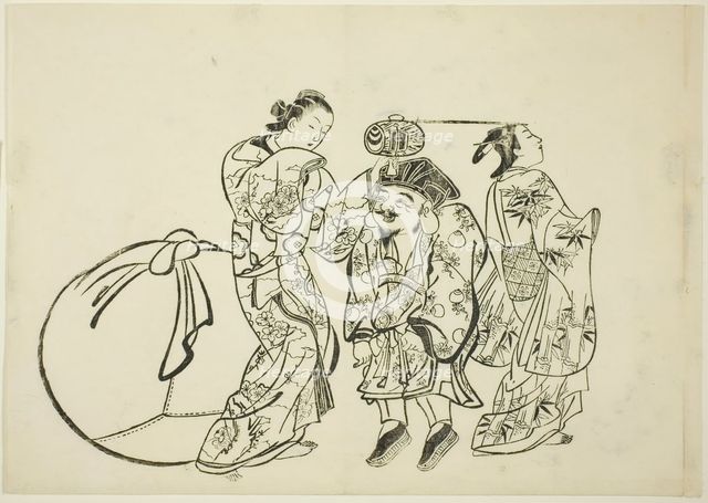 Measuring Daikoku's height, no. 5 from a series of 12 prints, c. 1708. Creator: Okumura Masanobu.