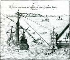 Measuring the distance from ship to shore, using a quadrant marked with shadow-scales, 1598