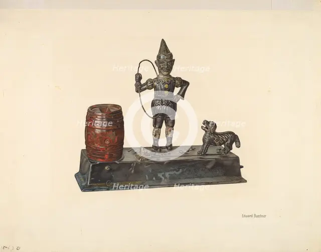 Mechanical Bank: Jumping Dog, c. 1937. Creator: Edward W. Buechner.