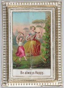 Mechanical box-shaped greeting card: dancing and bucolic scene, Cupid brings bouquets..., ca. 1875. Creator: Anon