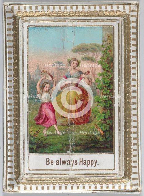 Mechanical box-shaped greeting card: dancing and bucolic scene, Cupid brings bouquets..., ca. 1875. Creator: Anon.