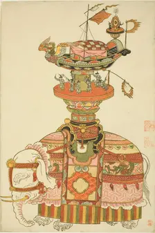 Mechanical Elephant with Festival Barge and Korean Musicians, c. 1765. Creator: Komatsuya Hyakki