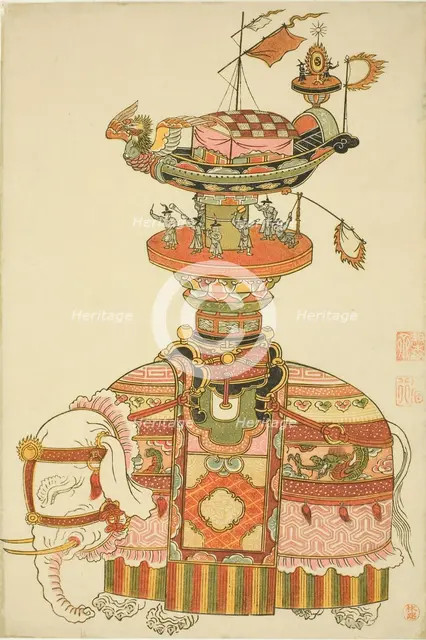 Mechanical Elephant with Festival Barge and Korean Musicians, c. 1765. Creator: Komatsuya Hyakki.
