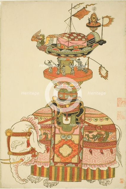 Mechanical Elephant with Festival Barge and Korean Musicians, c. 1765. Creator: Komatsuya Hyakki.