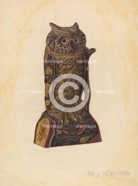 Mechanical Penny Bank: Owl, c. 1939. Creator: E. J. Gilsleider.