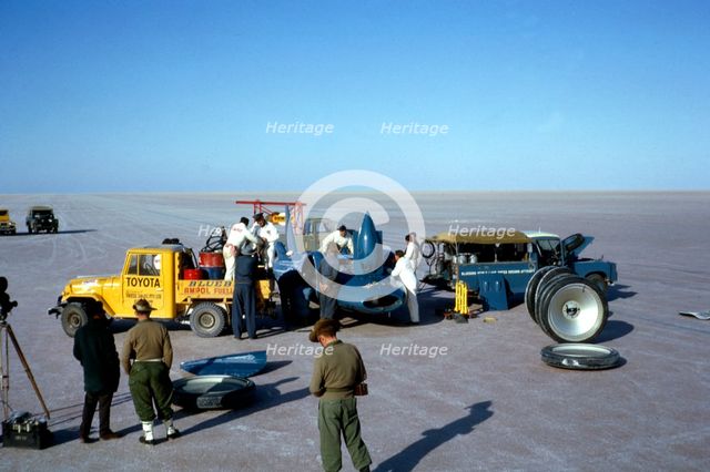 Mechanics fuelling Bluebird CN7 for World Land Speed Record attempt, Lake Eyre, 1964. Creator: Unknown.