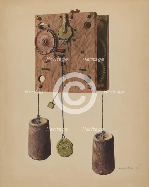 Mechanism of Eli Terry Clock, 1940. Creator: Herman O. Stroh.