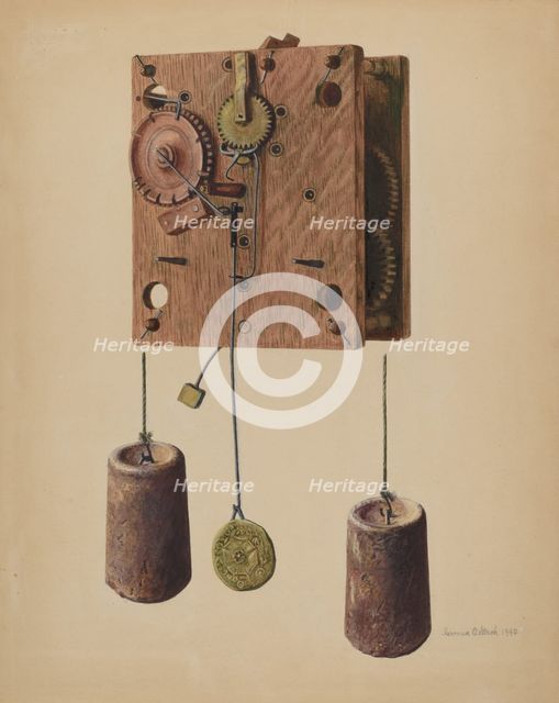 Mechanism of Eli Terry Clock, 1940. Creator: Herman O. Stroh.