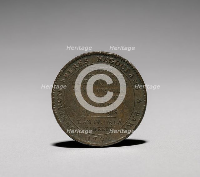 Medal: Five Sols issued by Monneron Brothers, Paris, 1792 (reverse). Creator: Jules Dupré (French, 1811-1889).