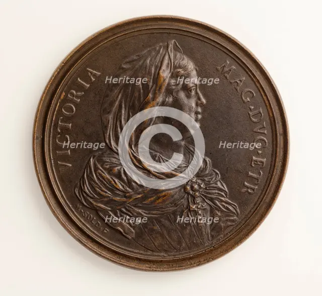 Medal of Victoria, Grand Duchess of Tuscany: Triumph of Venus with a Pearl (image 1 of 2), 1683. Creator: Massimiliano Soldani.