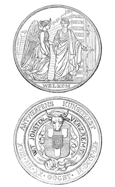 Medal struck by the City of Antwerp in commemoration of the Art Fetes, August, 1861. Creator: Unknown