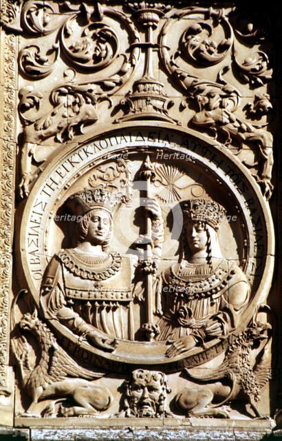Medallion on the façade of the University of Salamanca with the Catholic Kings.