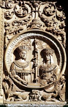 Medallion on the façade of the University of Salamanca with the Catholic Kings