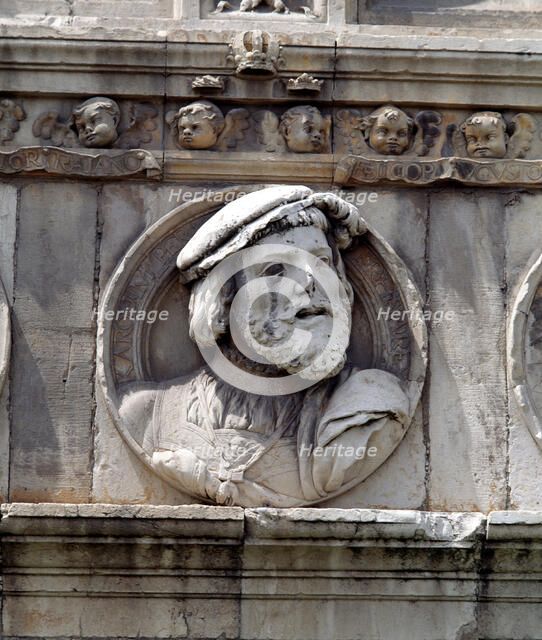 Medallion in stone on the facade of the old Hospital of San Marcos representing King Charles I of…