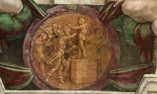 Medallion represents the Destruction of the Statue of the God Baal..., 1508-1512. Creator: Buonarroti, Michelangelo (1475-1564)